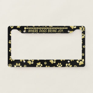 Golden Paw Prints on Black with Custom Name License Plate Frame