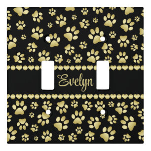 Golden Paw Prints on Black with Custom Name Light Switch Cover