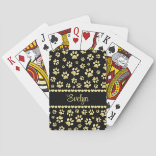 Golden Paw Prints on Black with Custom Name Poker Cards