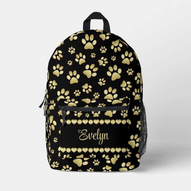 Golden Paw Prints on Black with Custom Name Printed Backpack (Front)