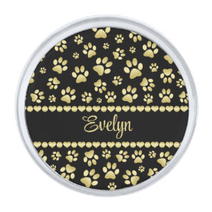 Golden Paw Prints on Black with Custom Name Silver Finish Lapel Pin