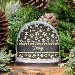 Golden Paw Prints on Black with Custom Name Snow Globe