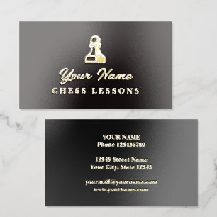 Golden pawn chess teacher logo template foil business cards