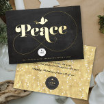 Golden Peace And Dove Business Foil Holiday Card<br><div class="desc">Peace in bold stylish, classic typography and elegant dove in gold, real foil-pressed on a black chalkboard background. A modern business / corporate holiday card. The front and back features your own custom logo. The back of the card has a faux foil background, white snow dots and a personalizable holiday...</div>