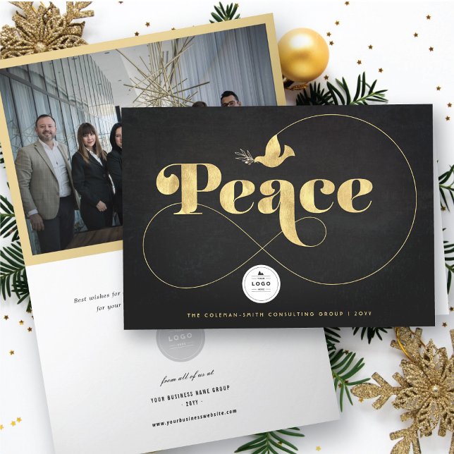 Golden Peace And Dove Stylish Typography Business Holiday Card (Creator Uploaded)