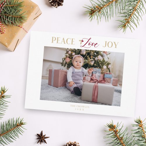 Golden Peace Love Joy Minimalist Simple Christmas Holiday Card