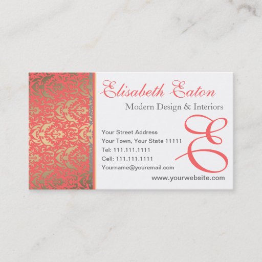 Customizable Golden Peach Shimmer Damask Elegant Woman's Business Card Templates