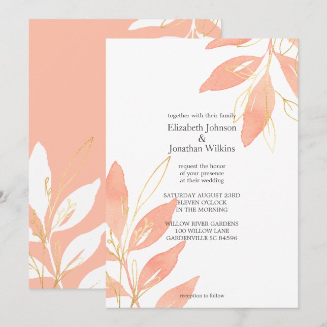Golden Peach Watercolor Floral Wedding Invitation (Front/Back)