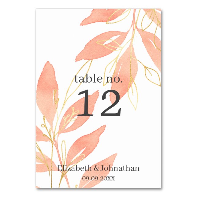 Golden Peach Watercolor Floral Wedding Reception Table Number (Front)