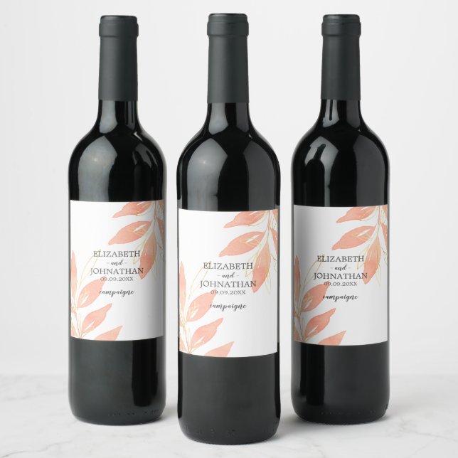 Golden Peach Watercolor Floral Wedding Wine Label (Bottles)