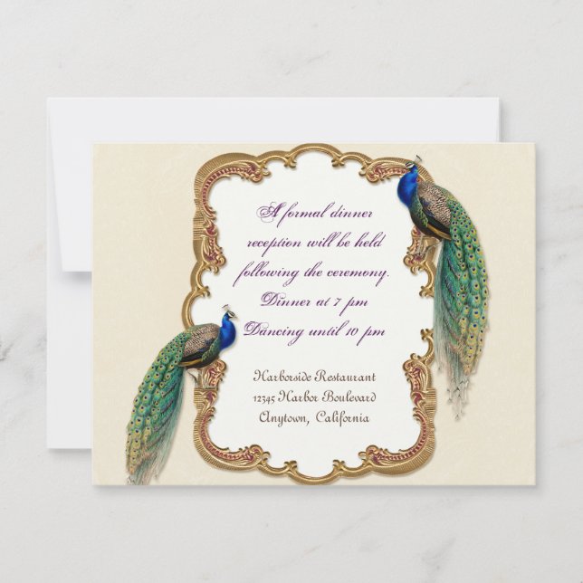 Golden Peacock & Calligraphy Reception Invitation (Front)