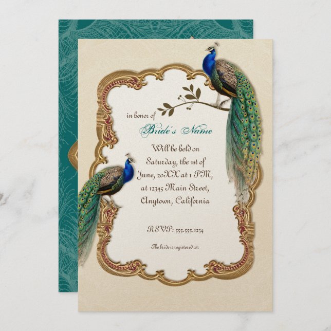 Golden Peacock & Calligraphy Swirls Invitation (Front/Back)