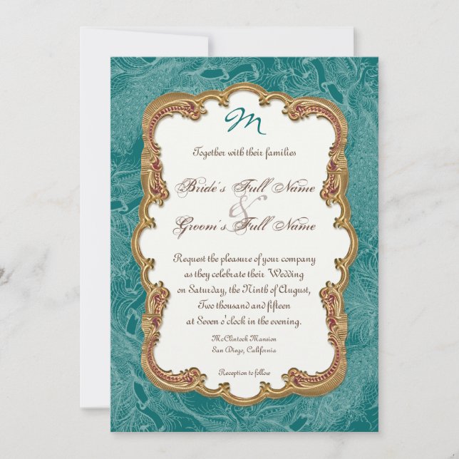 Golden Peacock & Calligraphy Swirls Invitation (Front)