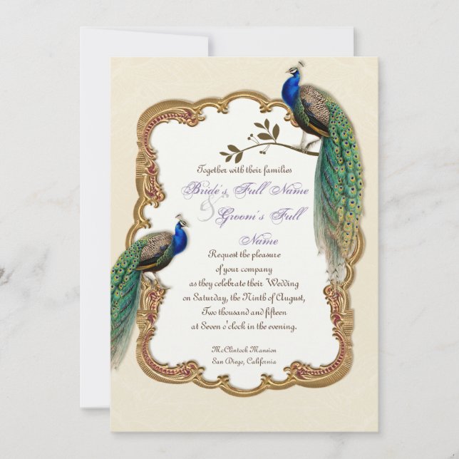 Golden Peacock & Calligraphy Swirls Invitation (Front)