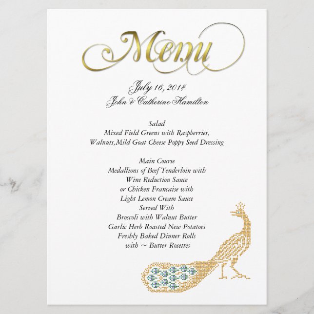 Golden Peacock Custom Wedding Menu (Front)