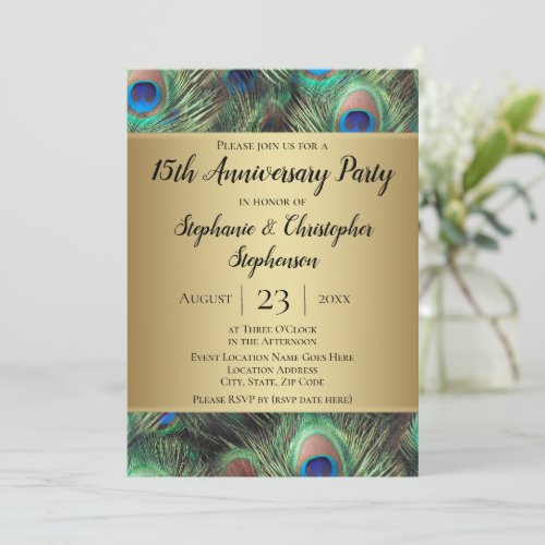 Golden Peacock Feather Any Year Anniversary Party Invitation