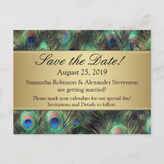Golden Peacock Feather Background Save the Date Announcement Postcard