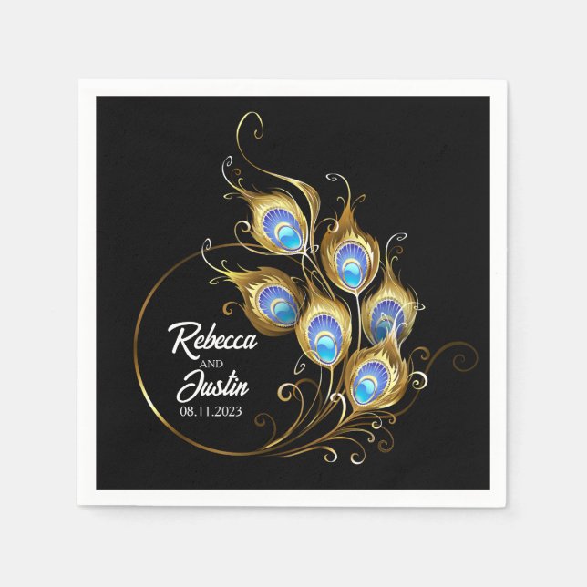 Golden Peacock Feather  Black Modern Boho Napkins (Front)