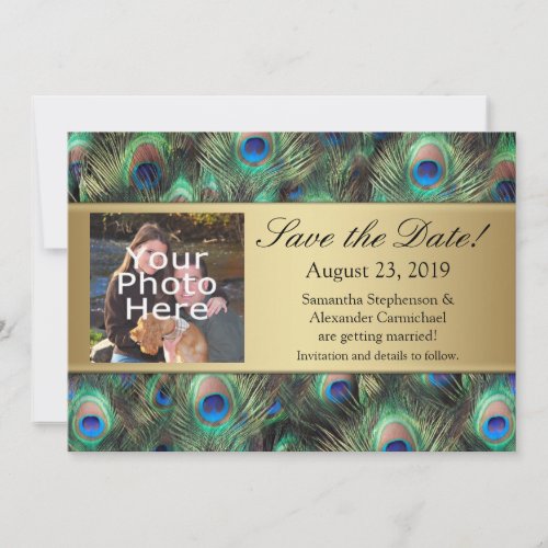 Golden Peacock Feather Photo Save the Date