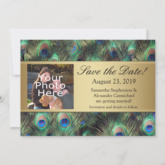 Golden Peacock Feather Photo Save the Date (Front)