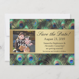Golden Peacock Feather Photo Save the Date
