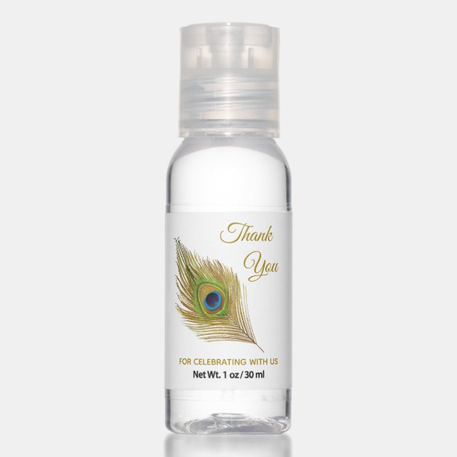 Golden peacock feather Thank You Hand Sanitizer (Front)