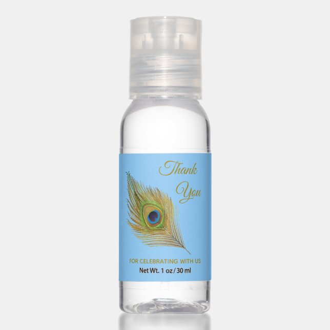 Golden peacock feather Thank You on light blue Hand Sanitizer (Front)