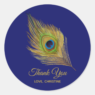 Golden peacock feather Thank You on Navy Blue Classic Round Sticker
