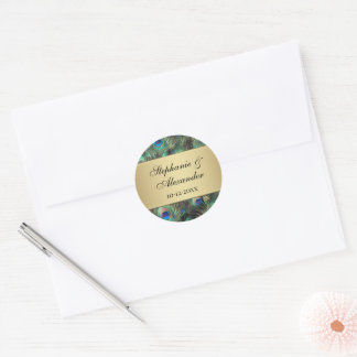 Golden Peacock Feather Wedding Classic Round Sticker