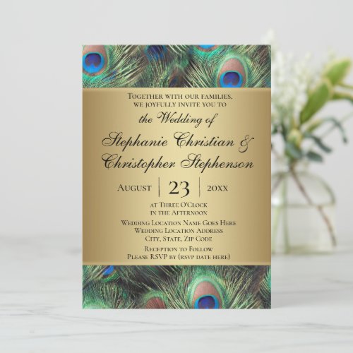 Golden Peacock Feather Wedding Invitation