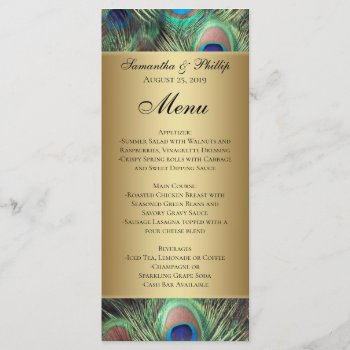 Golden Peacock Feather Wedding Menu by CustomInvites at Zazzle