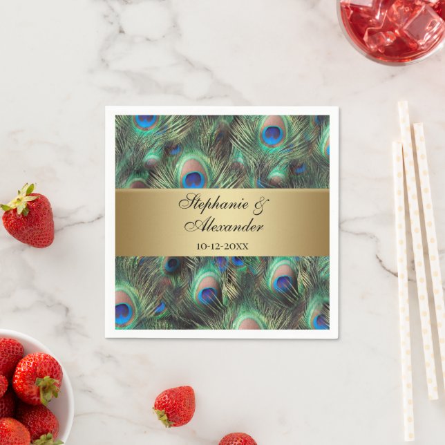 Golden Peacock Feather Wedding Napkins (Insitu)