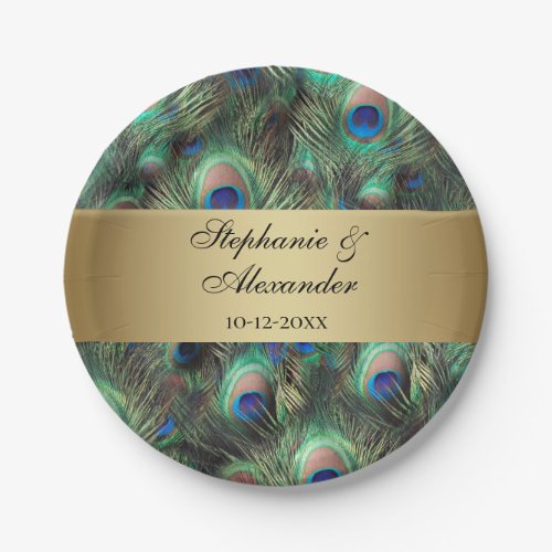 Golden Peacock Feather Wedding Paper Plates