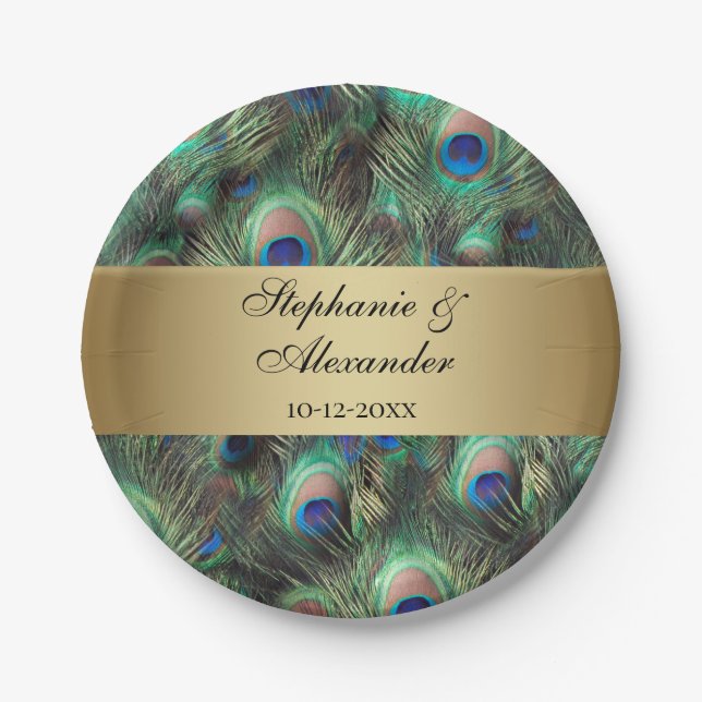 Golden Peacock Feather Wedding Paper Plates (Front)