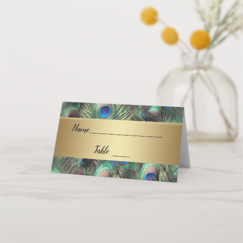 Golden Peacock Feather Wedding Place Card
