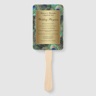 Golden Peacock Feather Wedding Program Hand Fan