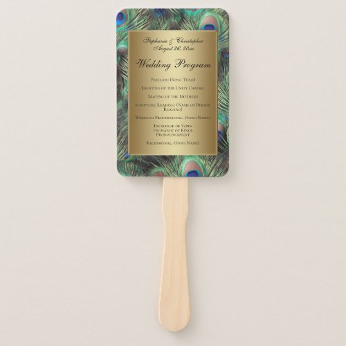 Golden Peacock Feather Wedding Program Hand Fan