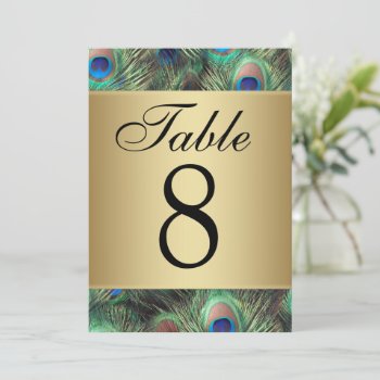 Golden Peacock Feather Wedding Table Number by CustomInvites at Zazzle