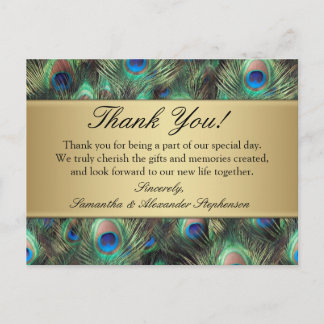 Golden Peacock Feather Wedding/Thank You Postcard