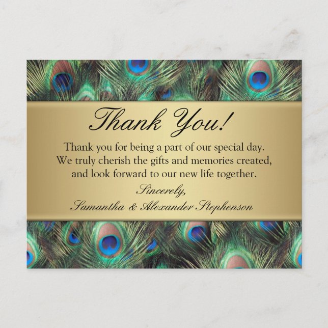 Golden Peacock Feather Wedding/Thank You Postcard (Front)