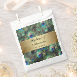 Golden Peacock Feather Wedding Wine Label Favor Bag<br><div class="desc">Wedding reception custom printed favor bag. Elegant and refined peacock feather background in rich saturated colors of royal blue, copper gold, and teal emerald green. The peacock is a stately bird with ornamental feathers and it makes a beautiful display for a summer wedding or any occasion Metallic looking gold gradients...</div>