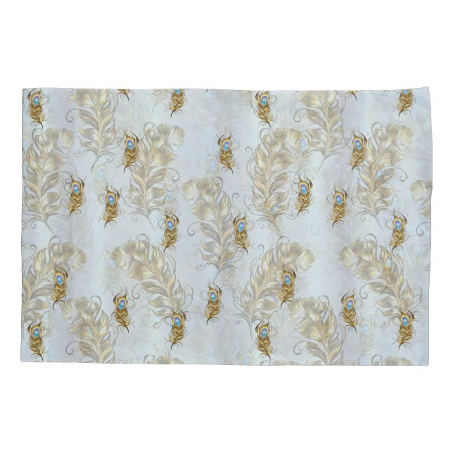 Golden Peacock Feathers and Leaves Pillow Case (Back)