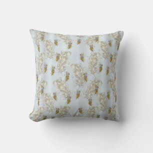 Golden Peacock Feathers and Leaves Throw Pillow