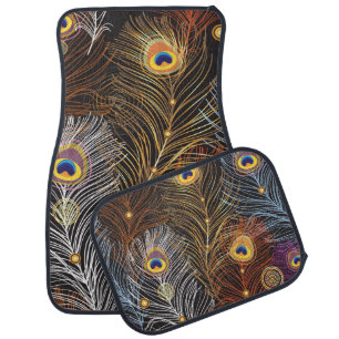 Golden peacock feathers: dark pattern. car floor mat