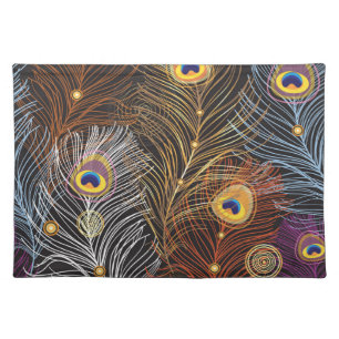 Golden peacock feathers: dark pattern. cloth placemat