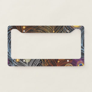 Golden peacock feathers: dark pattern. license plate frame