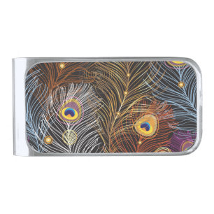 Golden peacock feathers: dark pattern. silver finish money clip