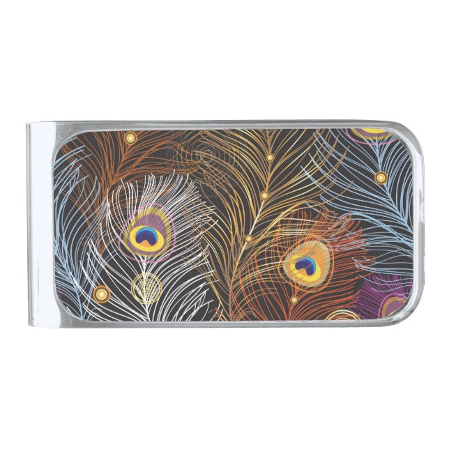 Golden peacock feathers: dark pattern. silver finish money clip (Front)