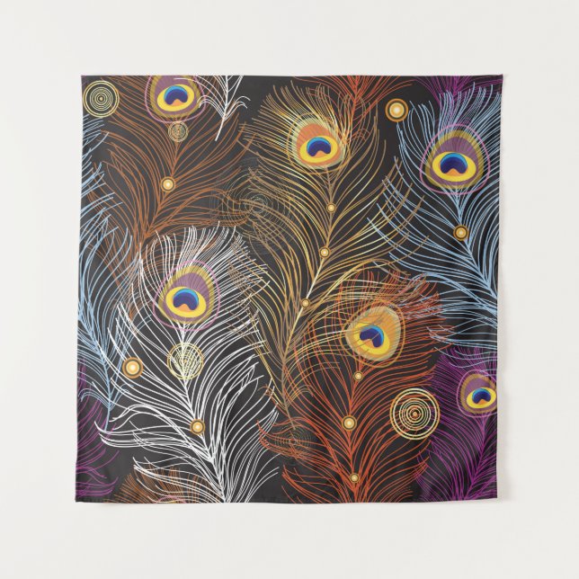 Golden peacock feathers: dark pattern. tapestry (Front)