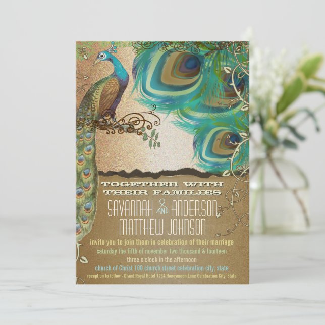 Golden Peacock Feathers Invitation (Standing Front)